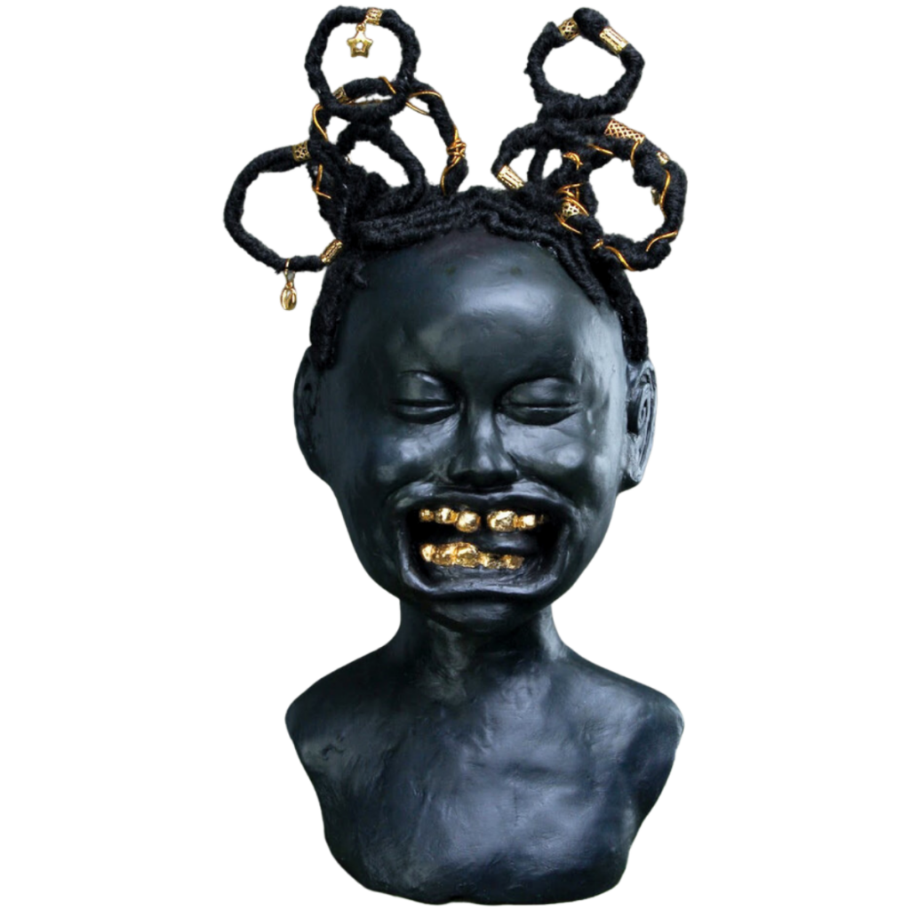 Amel Dockery Vistrue Plaster, acrylic, paint, gold leaf, hair cahrms, faux hair. 2022 21" x 11'5" x 10" $2,222