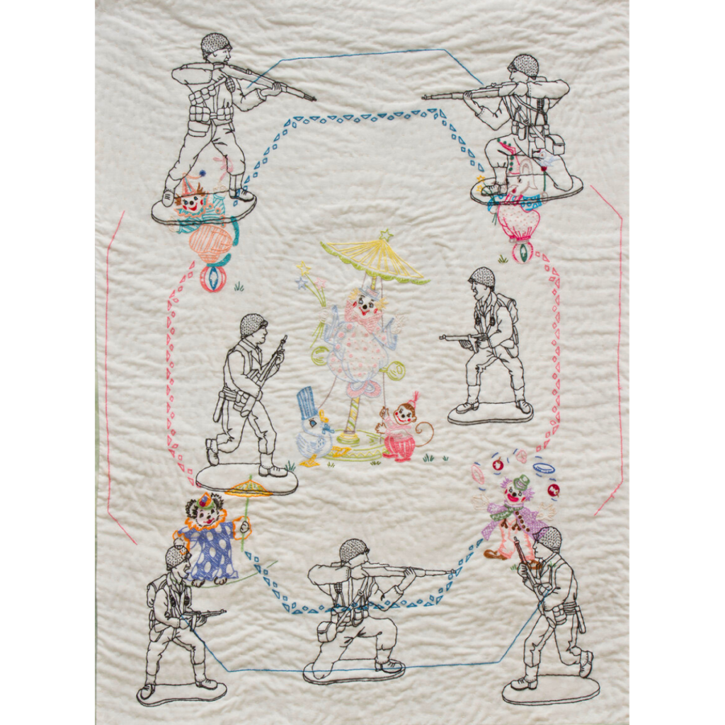 Laurel Izard Clowns and Soldiers Textile 2022 4s" x 32" $2,400