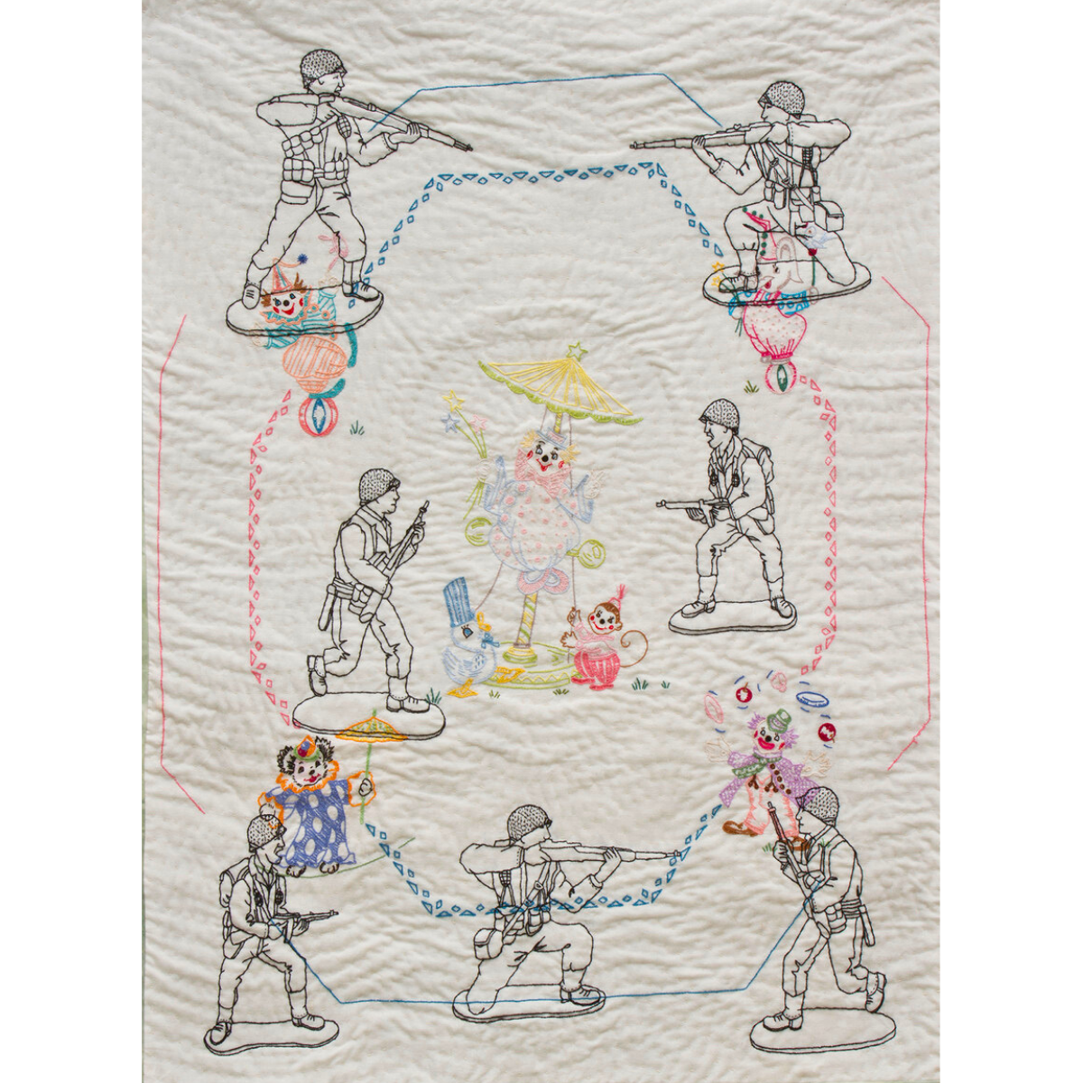 Laurel Izard Clowns and Soldiers Textile 2022 4s" x 32" $2,400
